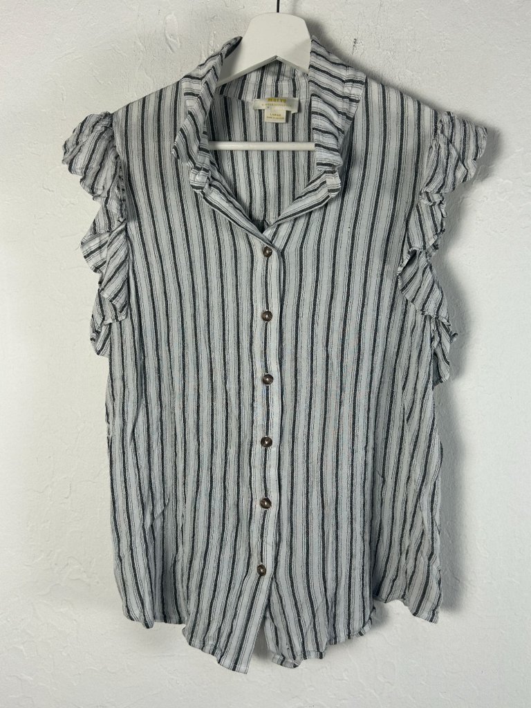 Anthropologie Maeve Womens Striped Button-Down Flutter Sleeve Blouse Large White